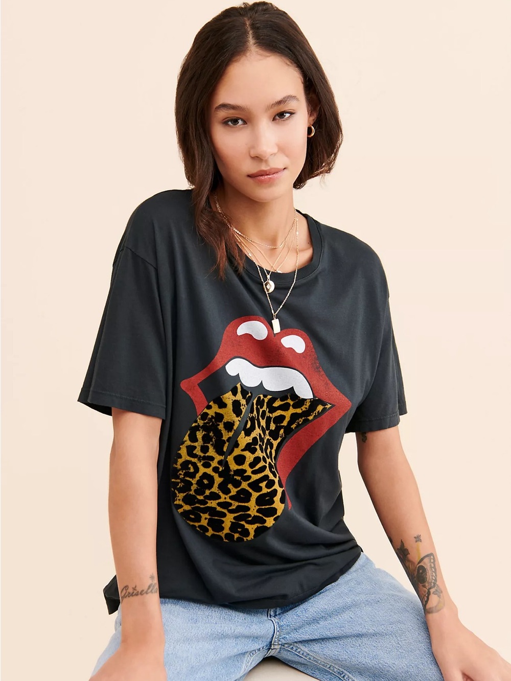 Daydreamer for free people Black Tee with leopard rolling stone logo
